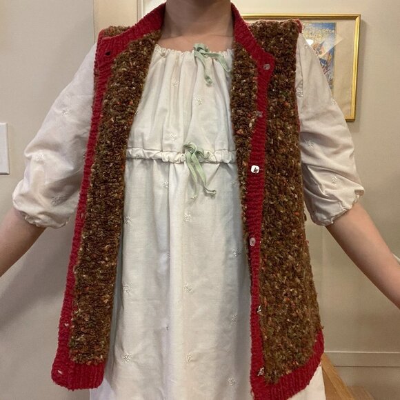 Hand Knitted Vintage Wool Vest Brown Red - Picture 12 of 14